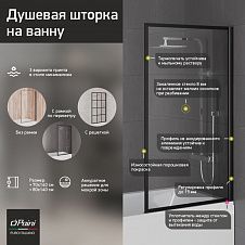 Душевая шторка на ванну Screen 80 см, неподвижная, принт решетка, профиль черный